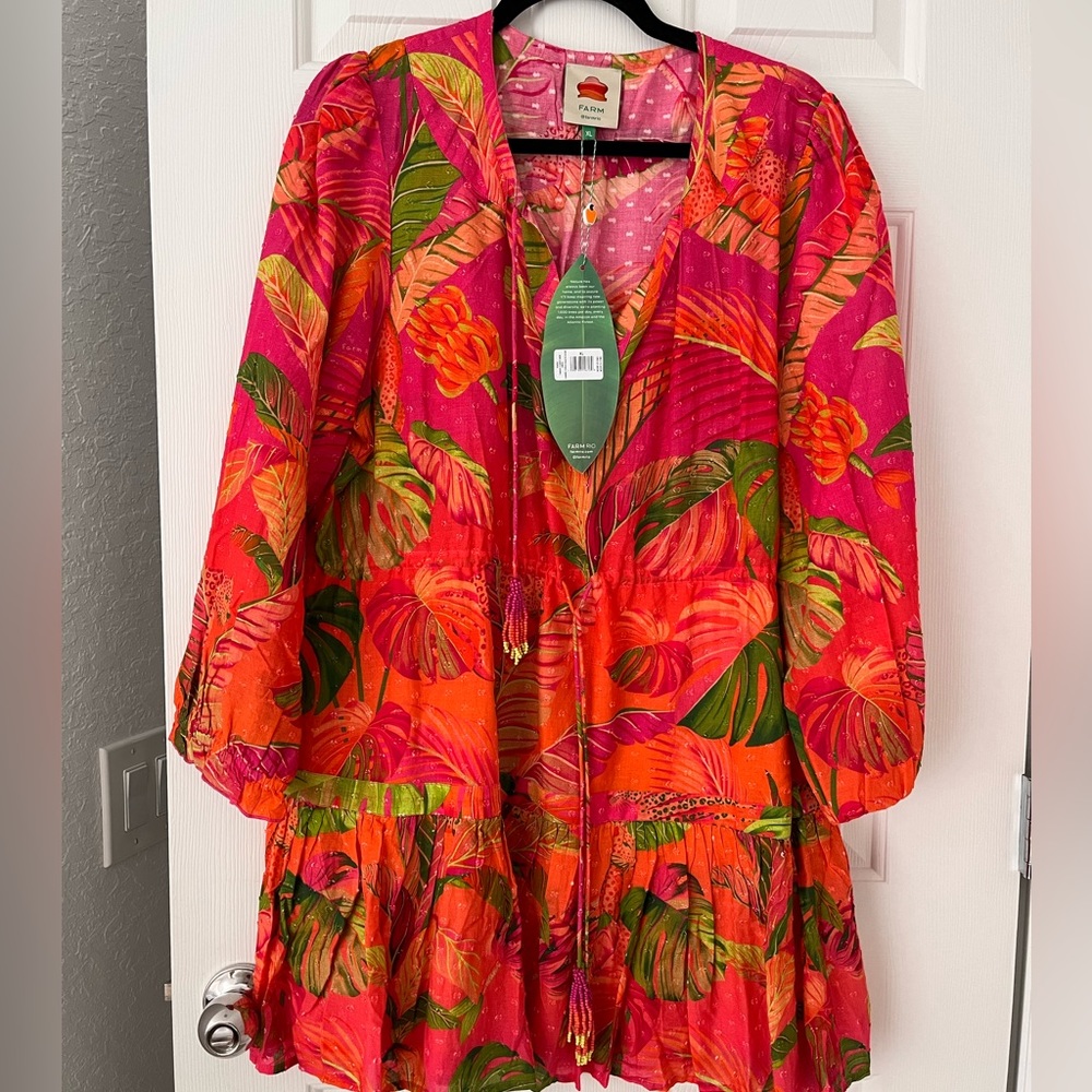 FARM Rio Hot Pink & Orange Tropical Mini Dress